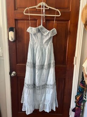 And Now This Blue Lace Maxi Dress Cottagecore Off Shoulder Cotton Boho M